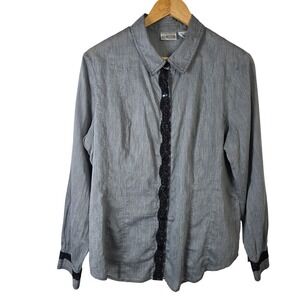 Chicos Womens‎ Pinstripe Button Up Shirt Lace Trim Blouse Size 3 XL Silk Blend